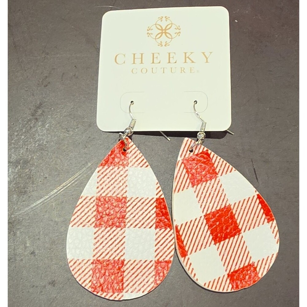 Cheeky Couture Red White Buffalo Plaid Teardrop Dangle Earrings Faux Leather